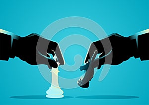 Business concept of businessmen playing chess, featuring a king chess piece against a knight chess piece