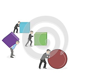 Business concept cartoon of a businessman pushing a sphere leading the race against a group of slower businessmen pushing boxes. W