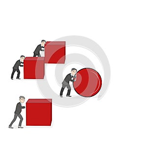 Business concept cartoon of a businessman pushing a sphere leading the race against a group of slower businessmen pushing boxes. W