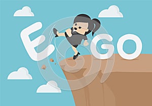 Business concept cartoon  businesswoman is an egoist with word ego kicked off the cliff photo