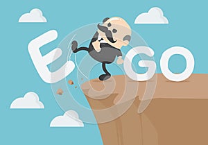Business concept cartoon Senior Elderly businessmen  is an egoist with word ego kicked off the cliff photo