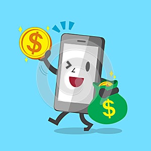 Business concept cartoon smartphone with big money coins and bag