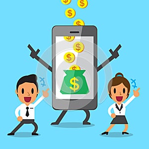 Business concept cartoon smartphone help business team to earn money