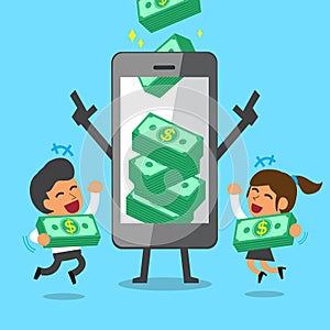 Business concept cartoon smartphone help business team to earn money stacks