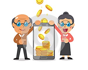 Business concept cartoon smartphone help senior people to earn money