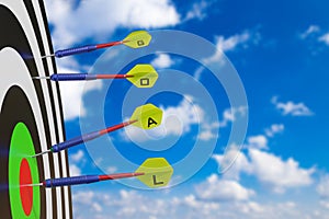 Business concept of dart hitting on target and shown the success of a challenge and goal in business marketing. 3D Rendering