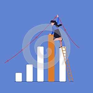 Business concept design businesswoman climbing up on ladder to adjust uptrend graph chart on wall. Depicts financial success,