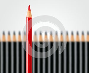 Business concept of disruption, leadership or think different; red pencil in row of black pencils standing out
