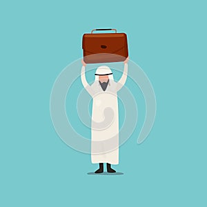 Business concept flat Arabian businessman lifting up briefcase. Male manager raising up suitcase. Concept of winning, happy,