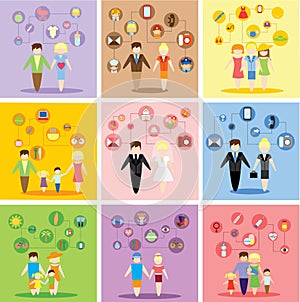Business concept flat icons set of family, health, career and vacation infographic design elements