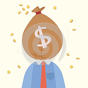 Business concept flat style isolated of greedy businessman with money bag instead of head, symbolizing avarice, broker, money, photo