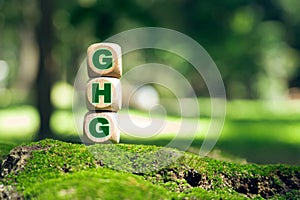 Business concept and GHG greenhouse gas symbol. Use the word GHG Greenhouse Gas on cubes and blocks