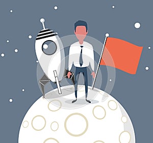 Business concept of goal achievement. Handsome businessman hoisting the flag on the Moon. Stock vector illustration.