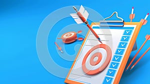 Business concept of goal achievement, success and progress, cartoon illustration in 3D with target bullseye and arrow in