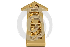 Business concept gold success word on arrow. 3D illustration.