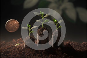 Business concept by growing plants on coin isolated landscape background.