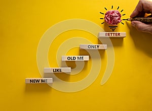 Business concept growth success process. Wood blocks stacking as step stair on yellow background, copy space. Businessman hand.