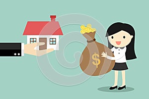 Business concept, Hand offers a house to business woman.