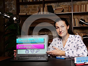 Business concept about Homemade Leverage with sign. Serious young businesswoman looking report in office on background