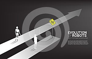 Business concept of human and robot competition. Silhouette of robot on going track and businessman on road block track .