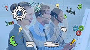 Business concept icons over team of customer care executives wearing phone headset working at office