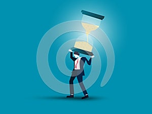 Business concept illustration of businessman carrying a giant hourglass, time management, work overload and deadline in business
