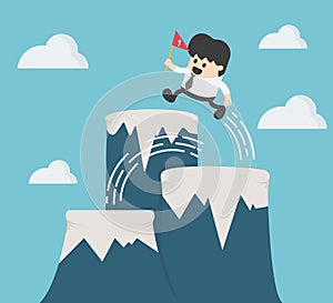 Business concept illustration of a businessman Holding a flag jumping up the mountain