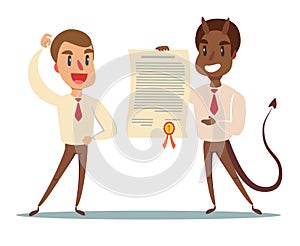 Business concept illustration of a businessman making a deal with devil