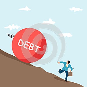 Business concept illustration of a businessman running away from debt.