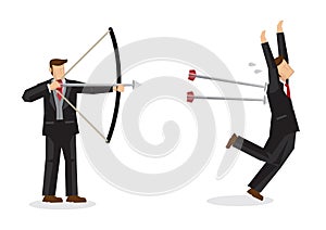 Business concept illustration of a businessman shooting arrows at another businessman, trying to eliminate him. Concept of