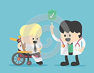 Business concept illustration of a businessman  sits on a wheelchair is injured but does not need to pay medical bills.Because