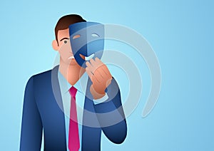 Business concept illustration of businessman wearing smiling face mask photo