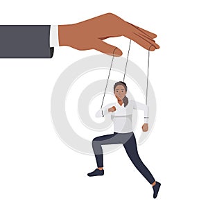 Business concept illustration of a businesswoman being controlled by puppet master