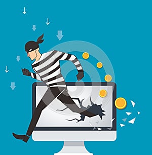 Business concept illustration of a hacker binary data and network security terms