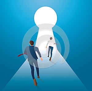 Business concept illustration of two businessman running into keyhole vector