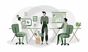 Business concept illustrations vector scenes at office with men and women taking part in business activity