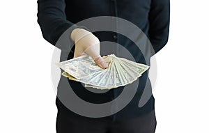 Business concept isolated on a white background. Business man with US dollars, USD. bills, offer dollar bank note money and giving