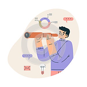 Business Concept with Man Character with Telescope Search for Idea Vector Illustration