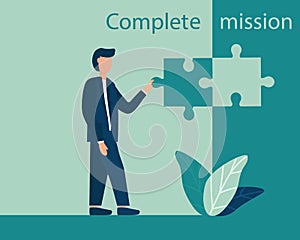 Business concept of mission completion, successful completion of a job or project. The person sets the last part of the puzzle
