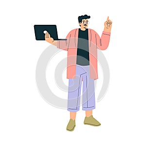 Business Concept with Mustached Man Character Standing with Laptop Vector Illustration