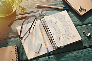 business concept - notepad with sketch on the desk