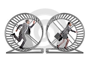 The business concept with pair running on hamster wheel