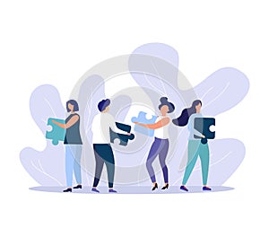 Business concept People connecting puzzle elements. Team metaphor. Vector illustration flat style Symbol of teamwork, cooperation