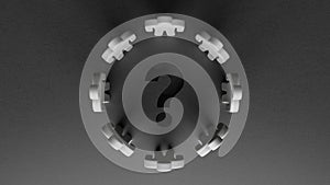 Business concept, people stand in the circle around the question mark, 3d render