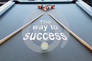 Business concept picture of success in the snooker billiard pool table with balls set, selective focus