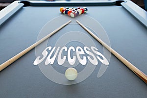 Business concept picture of success in the snooker billiard pool table with balls set, selective focus