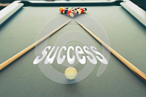 business concept picture of success in the snooker billiard pool table with balls set, selective focus and vintage photo.