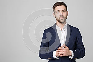 Business Concept - Portrait Handsome Business man holding hand with confident face. White Background. Copy Space.