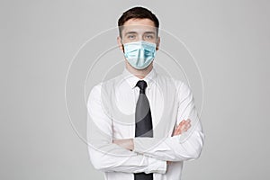 Business Concept - Portrait Handsome Businessman in face mask holding hands with confident face. White Background.