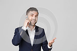 Business Concept - Portrait of a handsome businessman in suit with glasses serious thinking with stressful facial expression. Isol